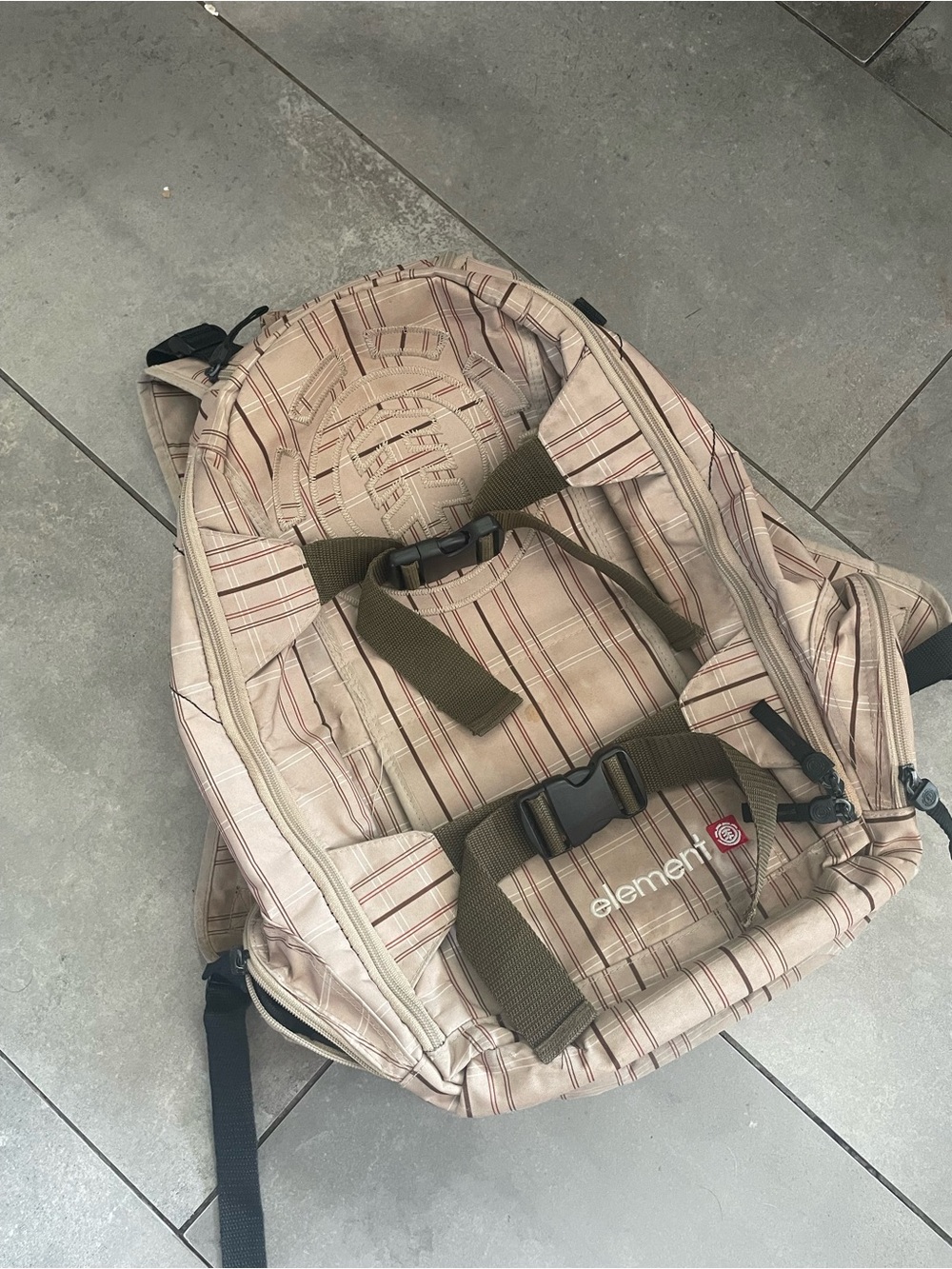 Y2K Element Beige Striped Backpack with Olive Straps